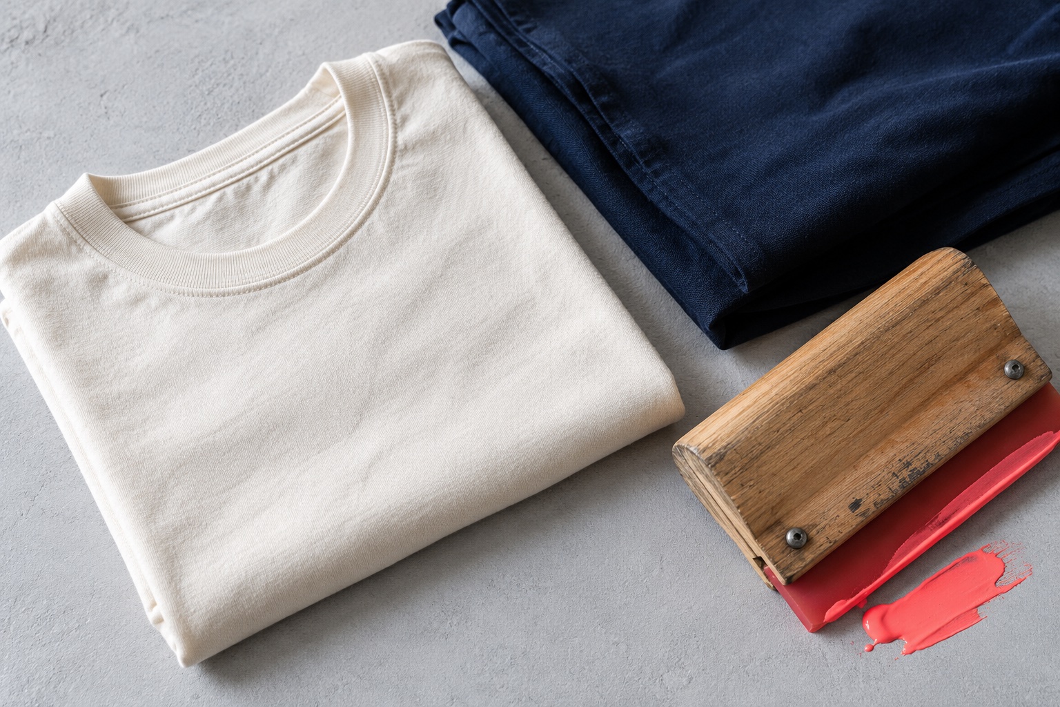 Illustrative study of plain cotton apparel, navy fabric and a screen-printing squeegee